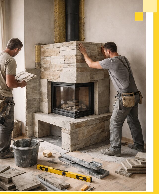 Угловые камины под ключ проект, монтаж и отделка в Рославле