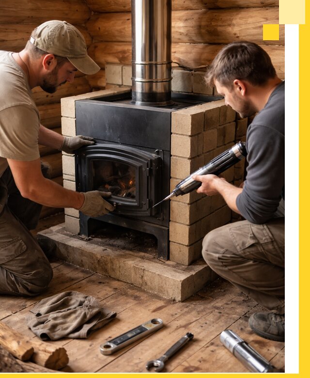 Монтаж и установка печи в бане под ключ с гарантией в Рославле