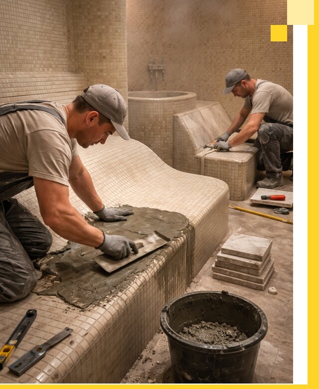 Лежаки для хамама под ключ в Рославле, проект и монтаж