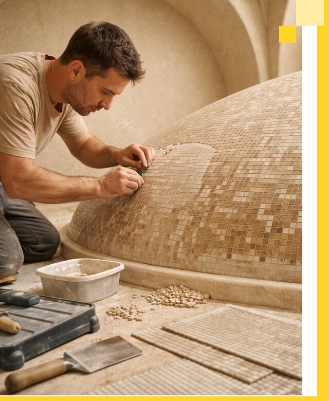 Профессиональная укладка мозаики для хамама под ключ в Рославле